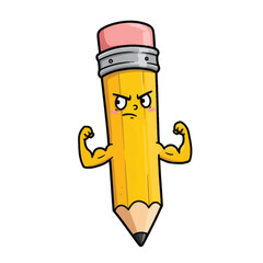 A strong and angry yellow cartoon pencil character flexing its muscular biceps.