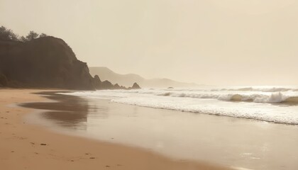 Obraz premium Monochromatic illustration captures serene beachscape in soft beige, muted blue tones. Gentle waves break on sandy shore. Rocky cliffs line coast under hazy, overcast sky. Artwork evokes calm,