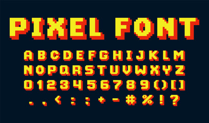 English alphabet pixel art, 8 bit letters, numbers and punctuation marks, vector font typographic yellow and red symbols