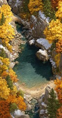 High-angle view of a serene mountain stream, carving a path through autumn foliage.  A tranquil pool of water sits nestled within the gorge.  Patches of snow cling to the rocky cliffs