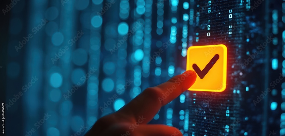 Fototapete finger presses orange checkmark button on digital code background. modern technology interface shows