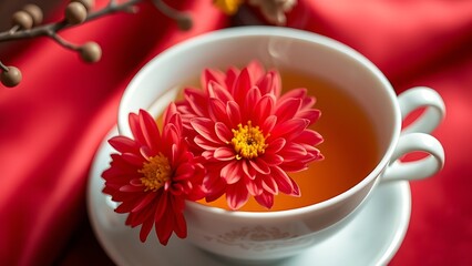 A delicate white porcelain teacup with chrysanthemum blossoms, steaming golden tea against a blurred red silk background.