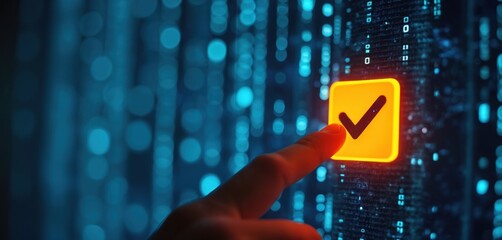 Finger presses orange checkmark button on digital code background. Modern technology interface shows confirmation signal. Futuristic cyberspace display implies user choice, success, and innovation.