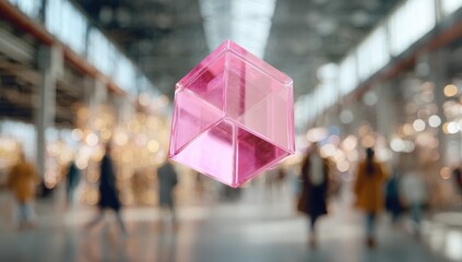 Pink cube hovering in a large, industrial space.  Blurred figures of people walk by