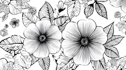 Floral pattern bold flowers, detailed leaves, intricate line art on white