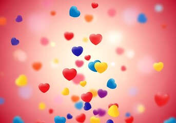 Colorful hearts falling on a pink background