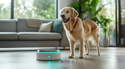 Golden retriever awaiting meal from smart pet feeder in sunlit modern home with plants and wooden flooring