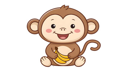 Adorable cartoon monkey holding a bunch of bananas with a big smile and cute cheeks