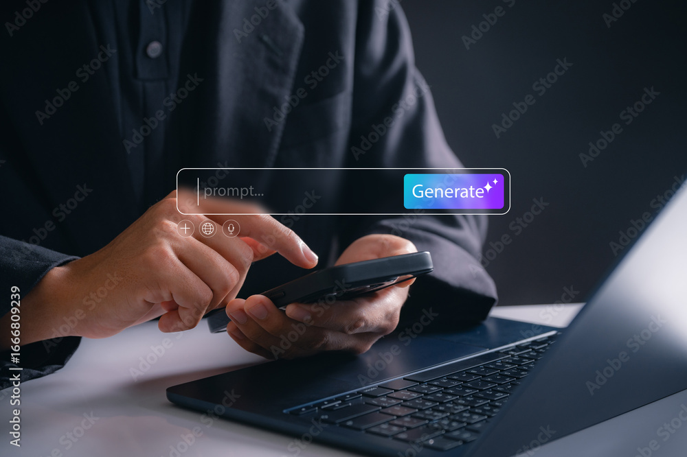 Fototapete prompt ai generation concept. man using smartphone to enter ai prompt and generate digital content, 
