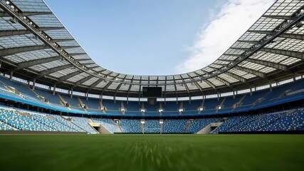 Expansive sports venue interior Green playing field stretches out beneath tiered seating Blue stadium chairs await fans under a curving roof against a sunny sky