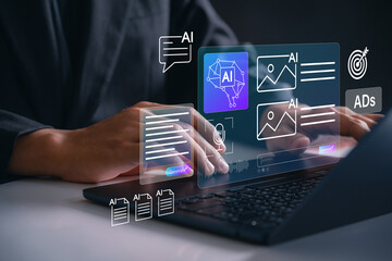 AI content creation concept. person using laptop to generate marketing visuals, text, video, and image generation in digital marketing and automation workspace environment