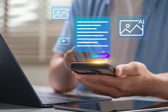 Generative AI content creation concept. person using smartphone to create digital content like text, images, and video with mobile device, reflecting future for marketing, tech presentation