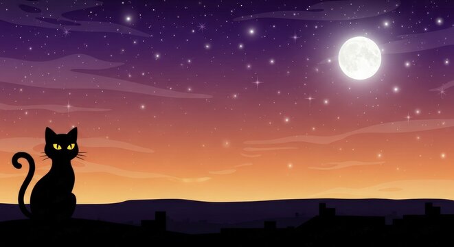 Mystical Black Cat with Glowing Eyes Watching Under a Starry Twilight Moon.