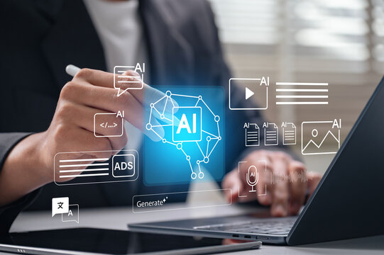 AI content generation for ads and marketing visuals in modern workspace, showing user creating text, code, and media using automation and creative tools for digital campaigns