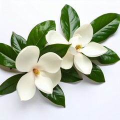 Obraz premium Elegant floral arrangement featuring pristine magnolia blossoms with verdant leaves on white background