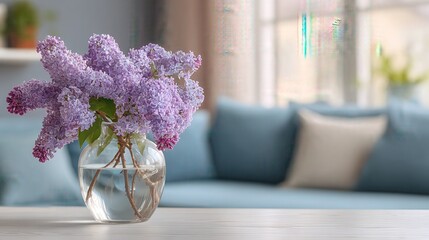 Beautiful lilac flowers in vase on table against blurred living room with blue sofa and window, copy space for product display