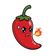Angry red hot chili pepper cartoon character breathing fire and sweating.