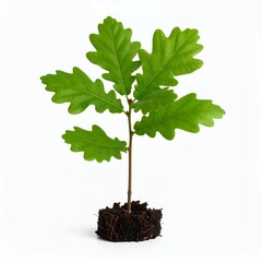 Emerging oak sapling with vibrant foliage symbolizes new beginnings on white background