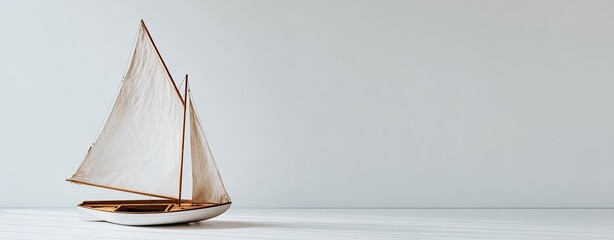 A small wooden sailboat with white sails on a white surface against a light gray wall