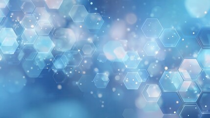 Blue pastel medical and tech background with hexagon pattern and bright sparkles. Realistic vector abstract bg with honeycomb geometric cell texture for medicine and science technology design