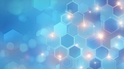 Blue pastel medical and tech background with hexagon pattern and bright sparkles. Realistic vector abstract bg with honeycomb geometric cell texture for medicine and science technology design