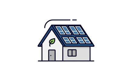 A house with solar panels on the roof and a leaf symbol, representing eco-friendly and sustainable living.