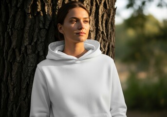 Golden Hour Serenity - Woman in a White Hoodie Leaning Against a Textured Tree Trunk.