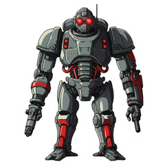 Armored combat robot soldier in grey and red with glowing eyes and integrated weapons.
