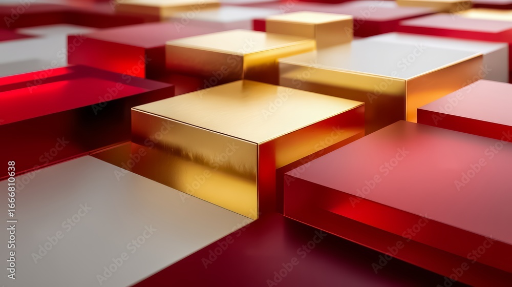 Poster close up of a red and gold cube. the cube is surrounded by other cubes of different colors. the imag