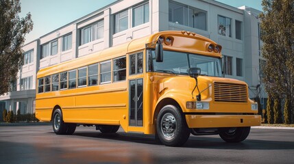 Yellow school bus in front of modern building
