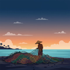A traditional fisherman diligently repairs fishing nets at serene dawn on the picturesque Maluku coast, presented as a minimal flat vector illustration with soft gradients.