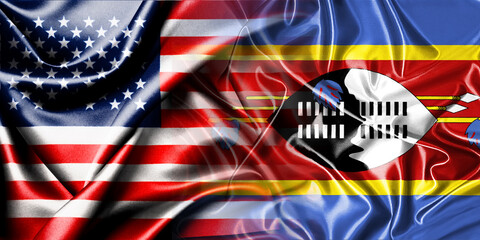 The national flags of the United States and Swaziland are combined into one and placed side by side on a fluttering cotton background. Flags.