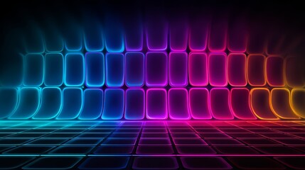 Colorful room with neon lights and a wall of squares. The room is filled with a variety of colors, creating a vibrant