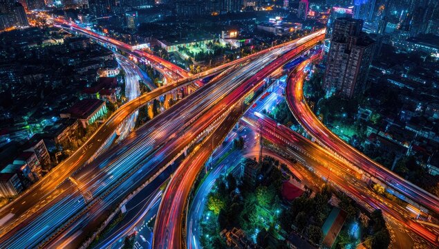 Night cityscape highway junction.  Aerial view of a complex highway intersection at night, 