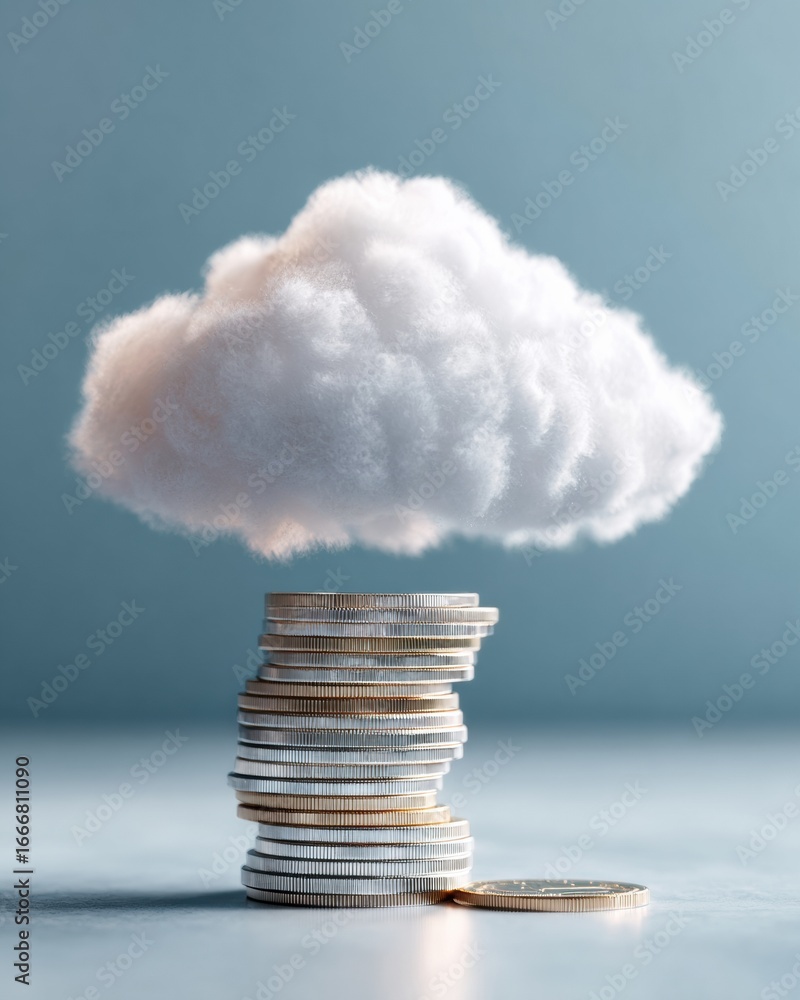 Poster premium professional digital cloud computing and ai automation concept with stacked coins for cost e