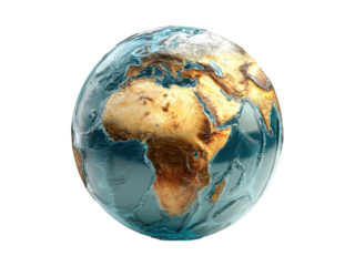 Detailed 3D rendering of planet Earth showing Africa and Europe continents with clear blue oceans and clouds, Isolated On Png Transparent Background