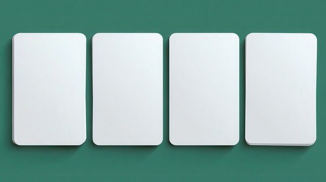 Playing cards mockup - realistic vector illustration set of four blank white paper or cardboard elements for poker game template. Empty mock up on green background for casino or gambling business