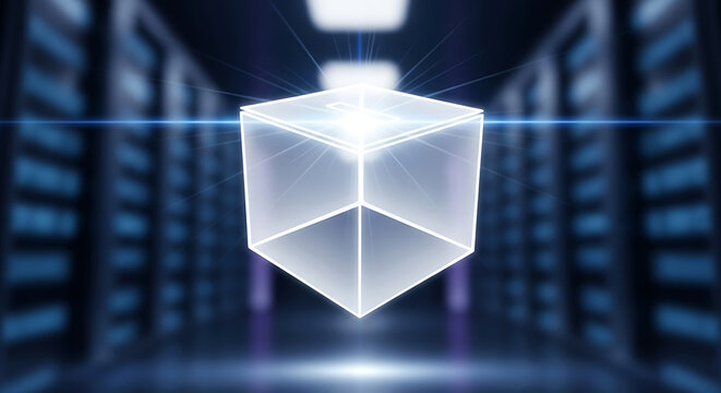 Glowing cube in a futuristic server room, representing data and technology
