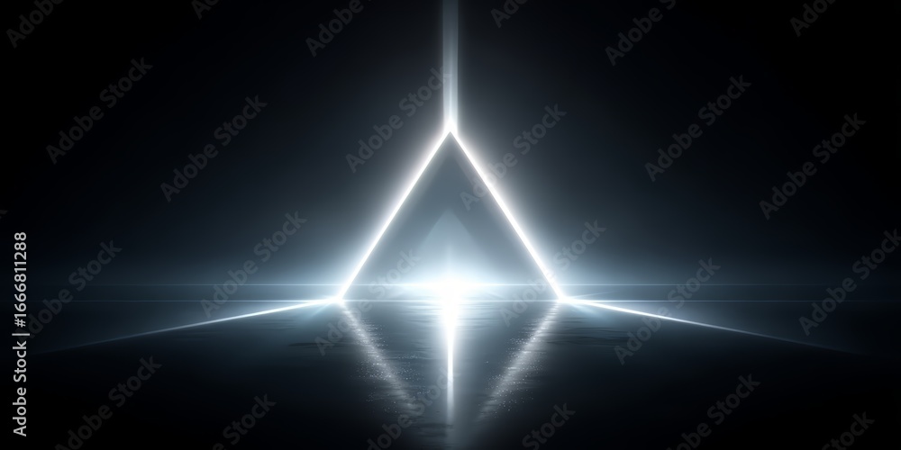 Poster dark background with a bright light shining on a triangle. the triangle is lit up and he is a symbol