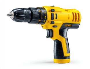 Yellow cordless drill, angled view.  Modern, compact design, with black accents.  High-quality image, studio shot