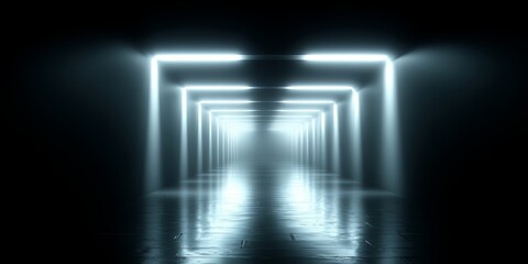 Obraz premium Long, dark hallway with a bright blue light shining down on it. The light is creating a sense of depth and mystery