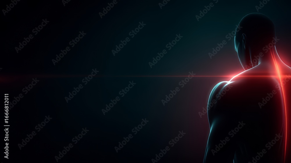 Poster man's body is shown in a black background with red highlights. the image is a representation of the 