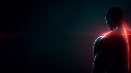 Man's body is shown in a black background with red highlights. The image is a representation of the human body