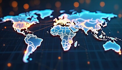 World map visualization highlights supply chain vulnerabilities with glowing data points, interconnected lines. Focuses on logistics, global trade routes, economic impacts of tariffs, fiscal policy