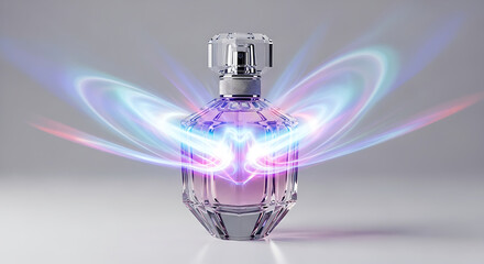 Luxury perfume bottle with colorful light energy swirls isolated on white background