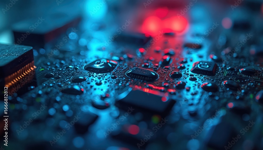 Poster macro view of circuit board with water drops. blue, red abstract lights reflect on wet electronics, 