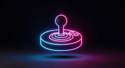 Neon glowing joystick icon on a dark background, retro gaming concept