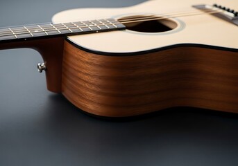 Close-up of an acoustic guitar displaying a wooden body, fretboard and sound hole in a composition with dark