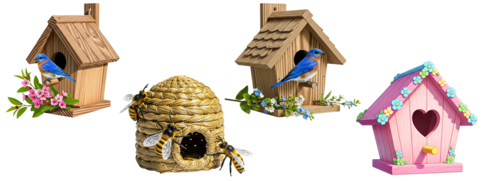 Spring garden collection with bluebirds, wooden birdhouses, and a bee hive.