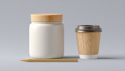 A white jar with a light brown lid, a cardboard coffee cup, and a gold pen sit on a muted gray surface